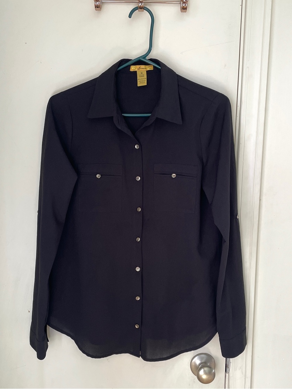 Black longsleeve collared button-up blouse with pockets size Medium